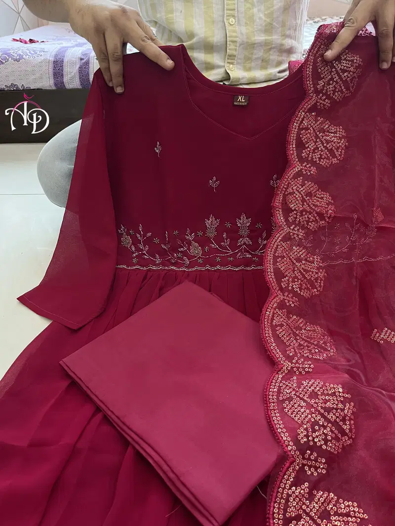 Akshar Designer Georgette Hand Embroidery Kurti With Bottom Dupatta Wholesale Shop In Surat
